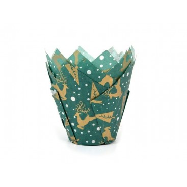 House of Marie Muffin Cups Tulip Reindeer Green pk/36