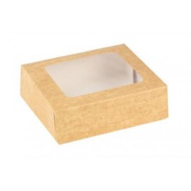 Бумажная коричневая коробочка с прозрачным окошком 16x16x5 cm.