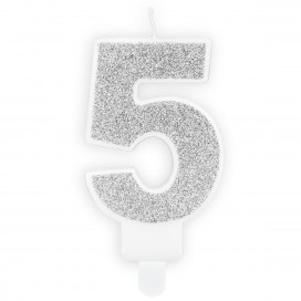 Žvakė-skaičius Nr. 5, sidabrinė, PartyDeco
