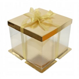 Прозрачная коробка для торта (золотая) - 30 х 30 х 25 см