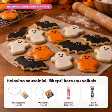 Helovino sausainių rinkinys: šikšnosparnio ir vaiduoklio formelės, oranžiniai ir juodi dažai